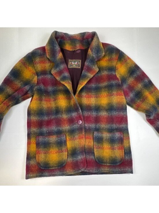 French Country Jackets & Blazers - Vintage French Country Express Women's L Wool Blend Plaid Jacket Made in USA